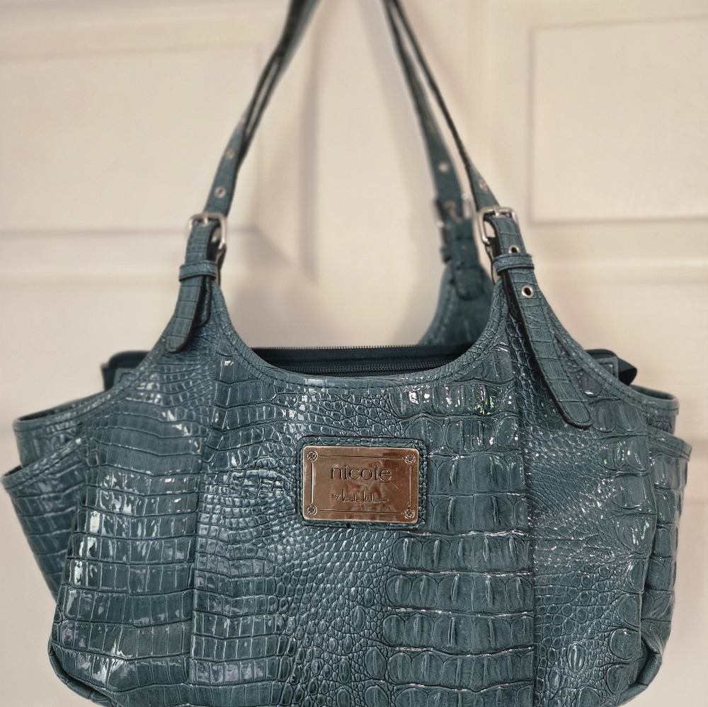 Nicole By Nicole Miller Handbag In Teal Blue 10" X 18" Exotic Croc